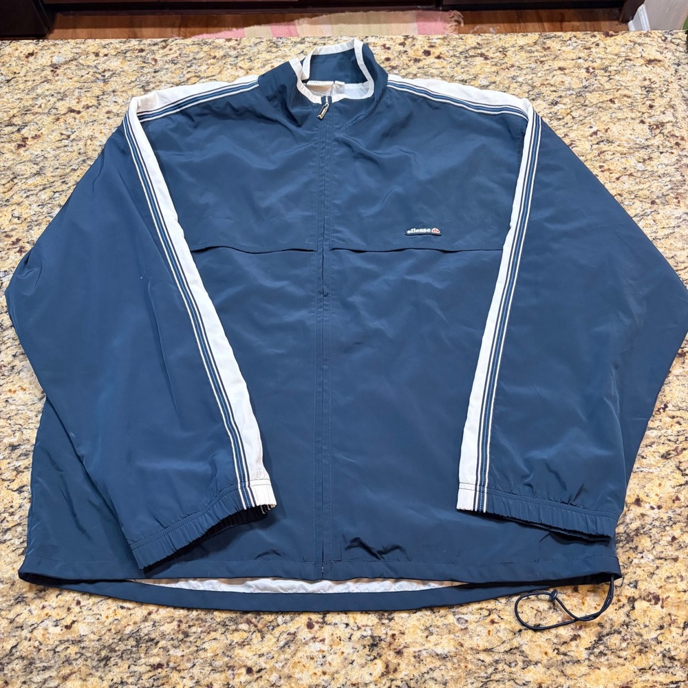Ellesse Mens XL Navy Blue Full Zip Windbreaker Track Jacket Stripe Sleeve ws